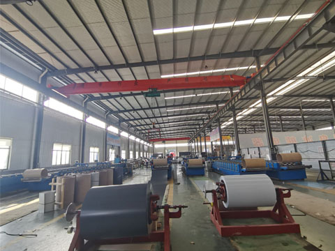 Color coated steel coil is being profiled