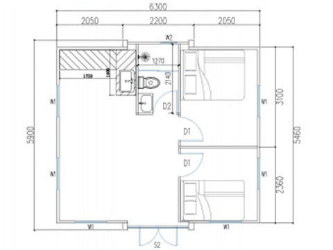 Two bedrooms, one living room, one kitchen and one bathroom floor plan