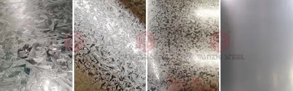 Zinc spangles on galvanized steel surface